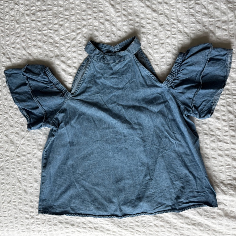 Derek Heart Denim Blue Cold Shoulder Top